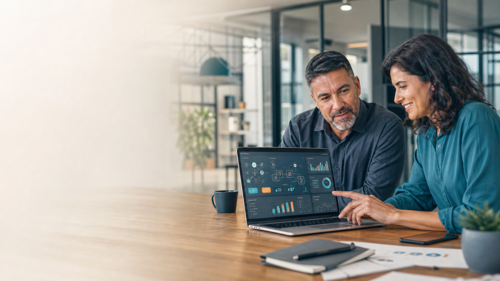 Consultor e gestora analisando um painel de automacao e inteligencia artificial em uma pequena empresa