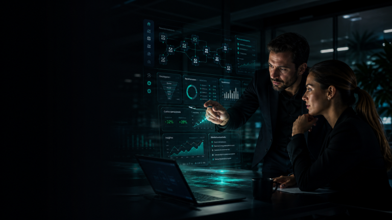 Consultor e gestora analisando fluxos de automacao e indicadores de IA em uma interface high-tech escura